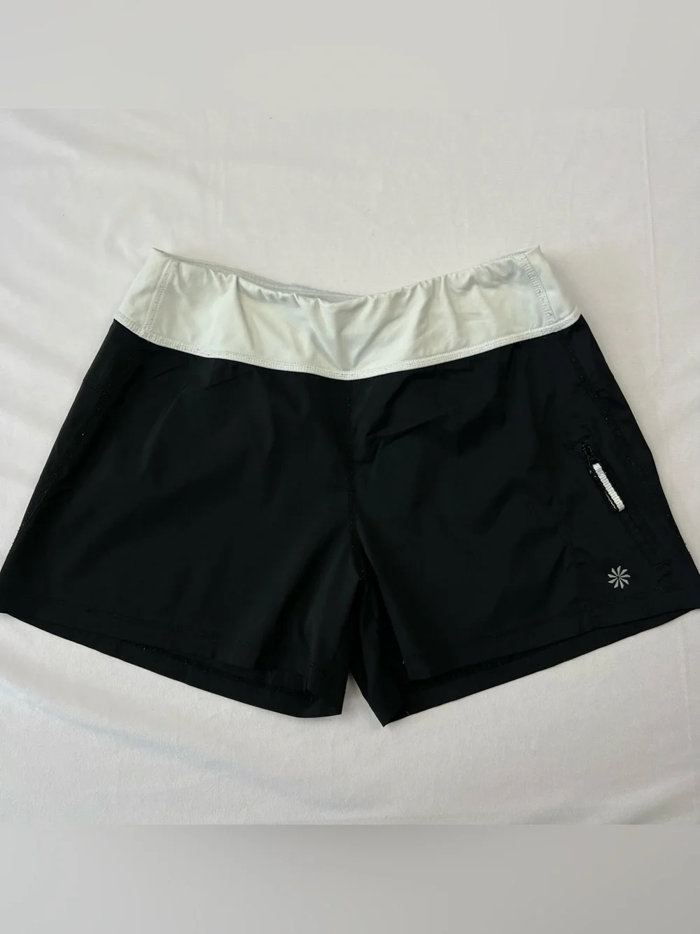 Athleta Women’s Black White Waistband Athletic Running Shorts Size S Zip Pocket